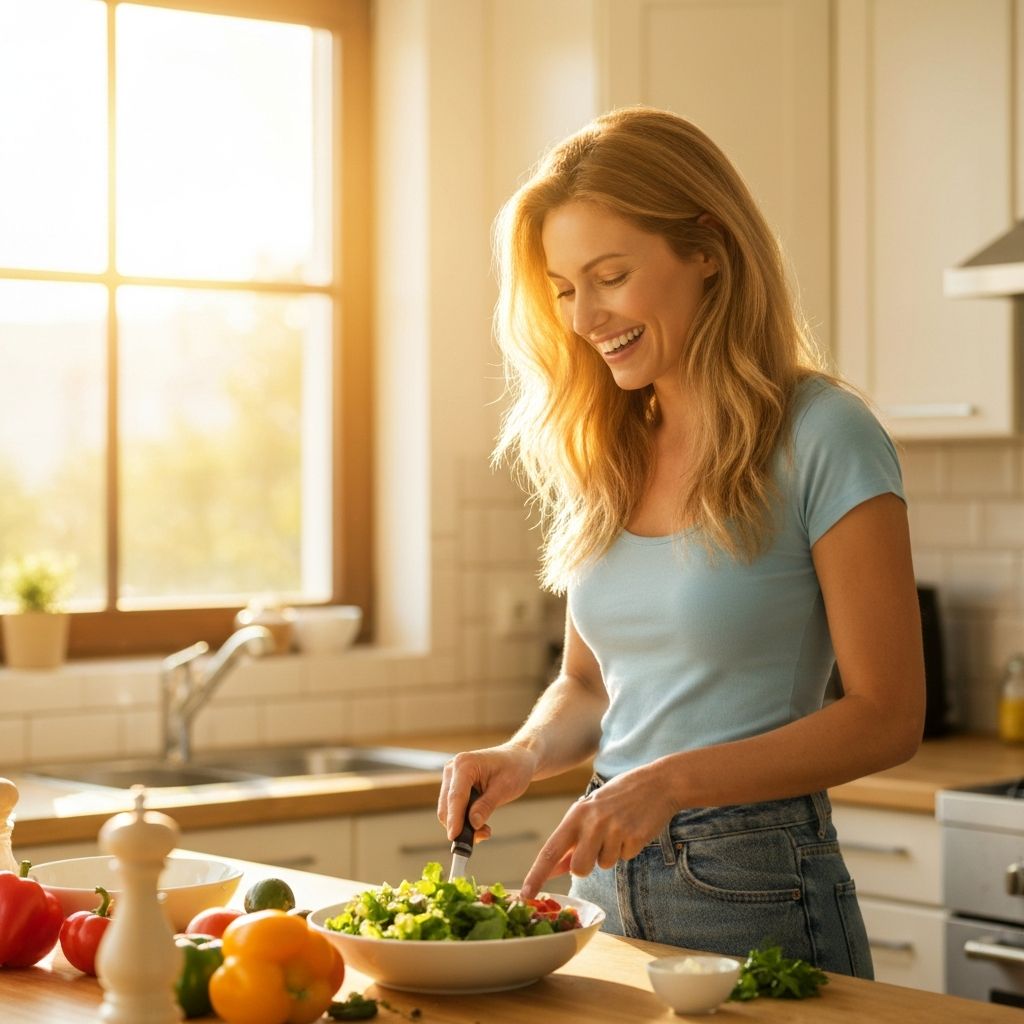 Persona feliz cocinando comida saludable